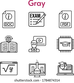gray icon set. included exam, chemistry, chip, pdf, teacher, maths, doc, learning, training icons. linear styles.