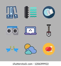 gray icon set. vector set about cloudy, pigeons, virtual reality and open book icons set.