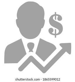 Gray Icon showing a man with an arrow going upwards and a dollar sign in white background.