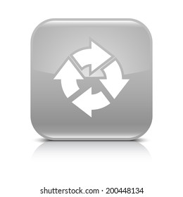 Gray icon with white arrow repeat, reload, refresh, rotation sign. Set 04. Rounded square button with gray reflection, black shadow on white background. Vector illustration web design in 8 eps