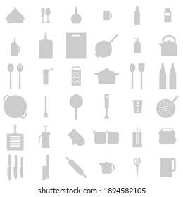 Gray icons on a white background. Set. Dishes, small household appliances, kitchen utensils