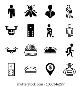 Gray icons. set of 16 editable filled and outline gray icons such as man with case, domino, medical drone, bell, golf player, dollar location, perfume, group, fly