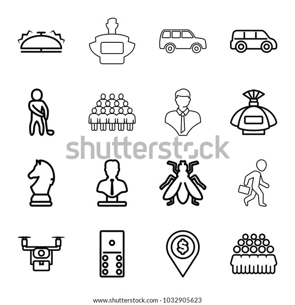Gray icons. set of 16 editable\
outline gray icons such as fly, perfume, bust, group, domino, car,\
medical drone, bell, golf player, chess horse, dollar\
location