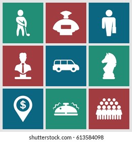 Gray icons set. set of 9 gray filled icons such as perfume, bust, group, bell, golf player, chess horse, dollar location, man with case