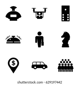 Gray icons set. set of 9 gray filled icons such as perfume, group, bell, chess horse, dollar location, medical drone, domino, man with case