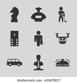 Gray icons set. set of 9 gray filled icons such as perfume, bust, bell, golf player, chess horse, medical drone, domino, man with case