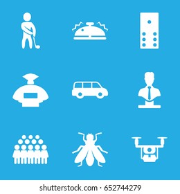 Gray icons set. set of 9 gray filled icons such as fly, perfume, bust, group, bell, golf player, medical drone, domino