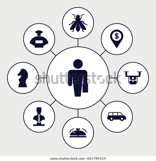 gray icons set. Set of 9 gray filled icons such as\
fly, perfume, bust, bell, chess horse, dollar location, medical\
drone, man with case