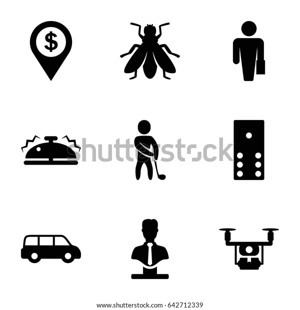 Gray icons set. set of 9 gray filled icons such as\
fly, bust, bell, golf player, dollar location, medical drone,\
domino, man with case