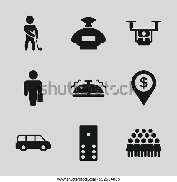 Gray icons set. set of 9 gray filled icons such as\
perfume, group, bell, golf player, dollar location, medical drone,\
domino, man with case