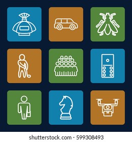 gray icons set. Set of 9 gray outline icons such as fly, perfume, group, golf player, chess horse, man with case, medical drone, car