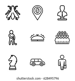 Gray icons set. set of 9 gray outline icons such as fly, bust, group, bell, golf player, chess horse, man with case, dollar location