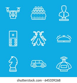 Gray icons set. set of 9 gray outline icons such as fly, perfume, bust, group, bell, chess horse, medical drone, car