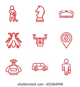 Gray icons set. set of 9 gray outline icons such as fly, perfume, bell, golf player, chess horse, man with case, dollar location, medical drone