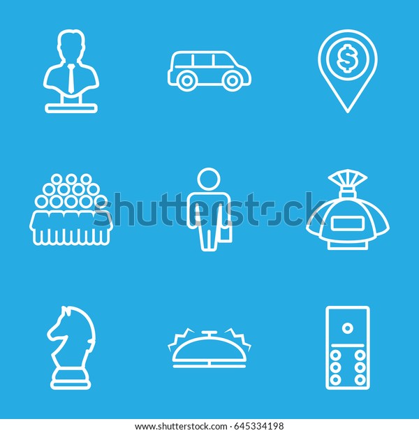 Gray icons set. set of 9 gray outline icons such as\
perfume, bust, group, bell, chess horse, man with case, dollar\
location, car