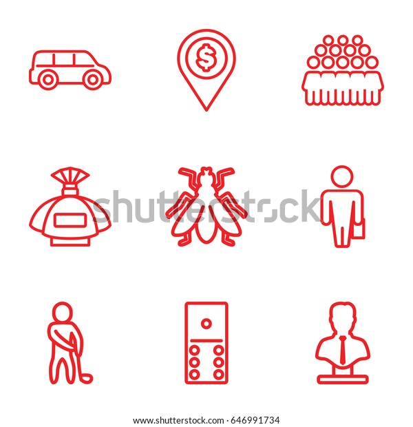 Gray icons set. set of 9 gray outline icons such as\
fly, perfume, bust, group, golf player, man with case, dollar\
location, car