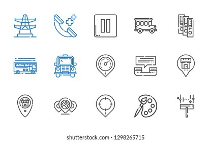 gray icons set. Collection of gray with wiper, palette, placeholder, phone call, bus, binder, pause, electric tower. Editable and scalable gray icons.