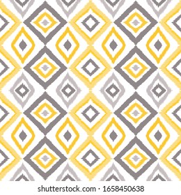 Gray Ikat Stripe Vector Seamless Pattern. Geometric Tie Dye Background. Traditional Drawing Batik Wallpaper. Yellow Boho Indonesian Ornament.