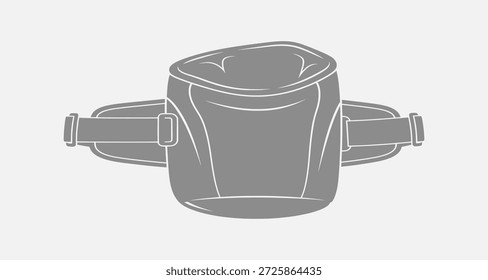 Ilustração cinza de uma pochete com alças ajustáveis e um fecho de fivela, centrado em um fundo branco.