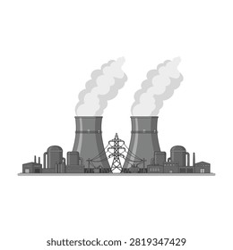 Gray illustration of a nuclear power station featuring cooling towers and steam emissions. Suitable for energy, industry, and environmental concepts.