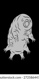 Una ilustración gris de un tardígrado sobre un fondo negro, mostrando sus características únicas y anatomía.