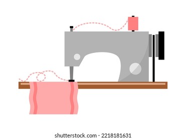 Máquina de coser industrial gris con hilo de línea punteado rosado para tela de tela de coser sobre el diseño de vectores planos de contorno de fondo blanco.