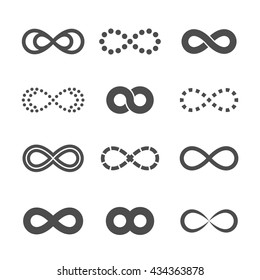 Gray infinity symbol icon silhouettes set. Different forms. Isolated on a white background. Vector illustration.