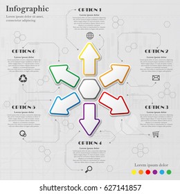 Gray info graphic background with six arrows and sample text