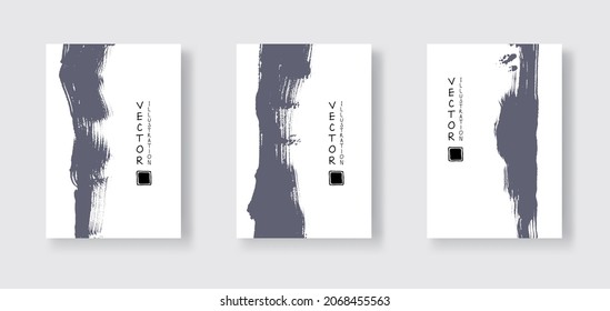Gray ink brush stroke on white backgrounds set. Japanese brush style banner. Vector illustration of grunge stains