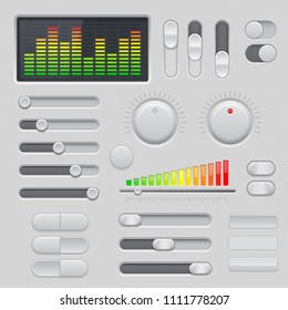 Gray interface buttons and sliders. 3d set of UI icons. Vector illustration