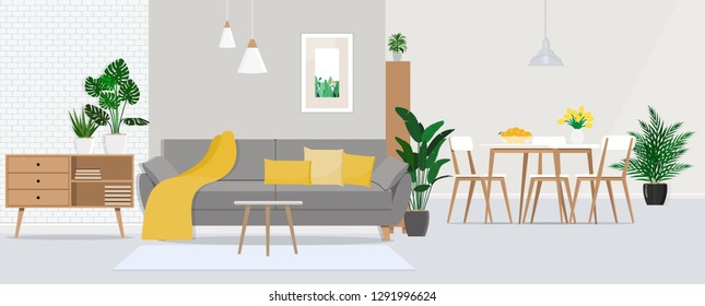 Gray interior design living room with dining area.