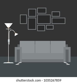 Gray Interior Living Room , Sofa with Floor Lamp, Photo Frames on the Wall, Vector Illustration