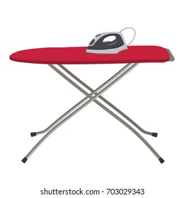 Gray iron and red ironing board isolated on a white background. Vector flat illustration.