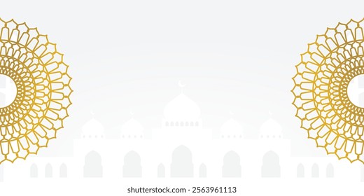 gray islamic background with gold mandala ornament and mosque silhouette. design for banner, poster, social media.