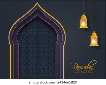 Gray Islamic Pattern Background with Paper Layer Cut Mosque Door and Hanging Golden Illuminated Lanterns for Ramadan Mubarak Concept.