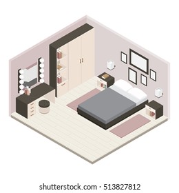 Gray isometric bedroom interior is fully renovated one bedroom furnished with furniture vector illustration