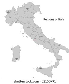 Gray Italy map with regions and main cities