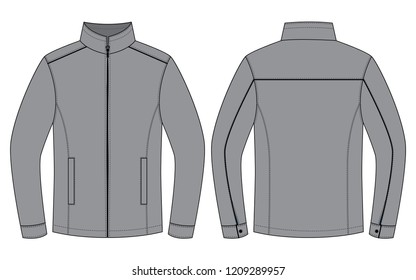 Gray Jacket with Black Piping and Hidden Zip Design on White Background. Front and Back Views, Vector File