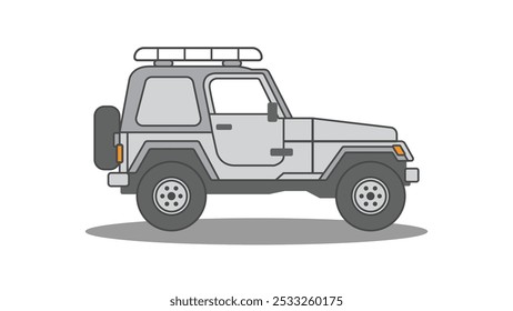 Gray Jeep SUV Car with Roof Rack Vector Graphics. Flat Design Offroad Illustration