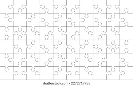 Gray jigsaw puzzle 60 pieces with square puzzle 10x6 grid on white background. Vector Illustration.