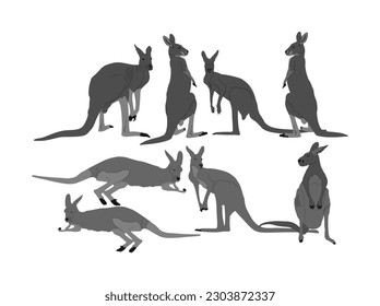 Gray kangaroo family vector silhouette illustration isolated on white background. Australian animal portrait. Tourist symbol souvenir. Fauna best jumper. Zoo attraction kangaroo shape.