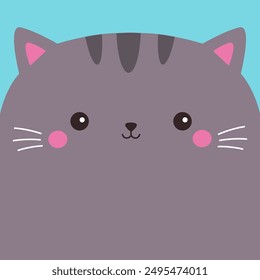 Gray kawaii cat smiling face head. Cute cartoon kitten animal silhouette. Funny baby kitty. Happy Valentines Day. Love card, banner, sticker print. Childish style. Flat design. Blue background. Vector