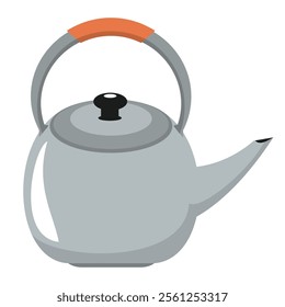 Gray kettle with an orange grip on the handle and a black knob on the lid. Ideal for boiling water for tea, coffee, and other hot beverages