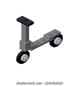 Gray kick scooter on a white background assembled from plastic blocks for printing and game design. Vector illustration.