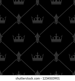 Gray king crowns seamless pattern with lines on black background