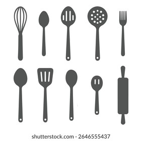 Utensil de cozinha cinza ícones conjunto colheres Whisk garfo espátula