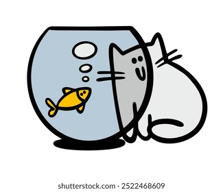 A gray kitten hides behind a large aquarium with water. A vector fish swims and looks at the cat. Funny animals are friends and smile to each other.