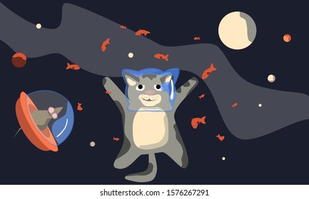 a gray kitten in an oxygen helmet and a mouse in a spaceship in space catch fish. Sweet fantasy. vector flat illustration. use as a print or design your cards or website