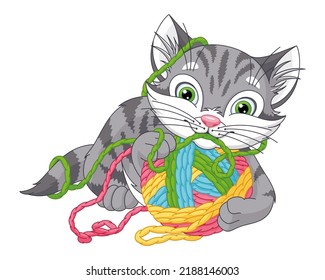 Gray kitten playing with a ball of yarn cartoon vector illustration
