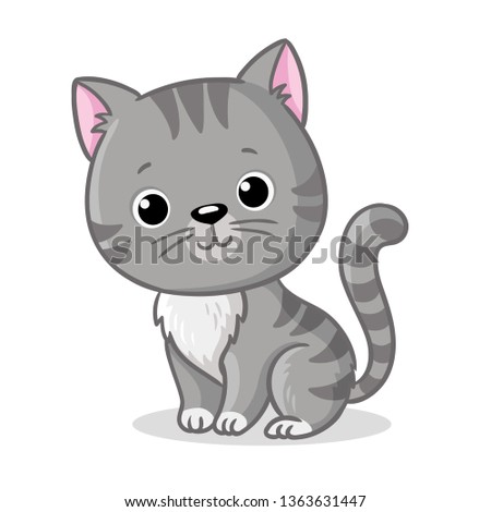 Gray kitten sitting on a white background. Cute pet in cartoon style. Vector illustration.